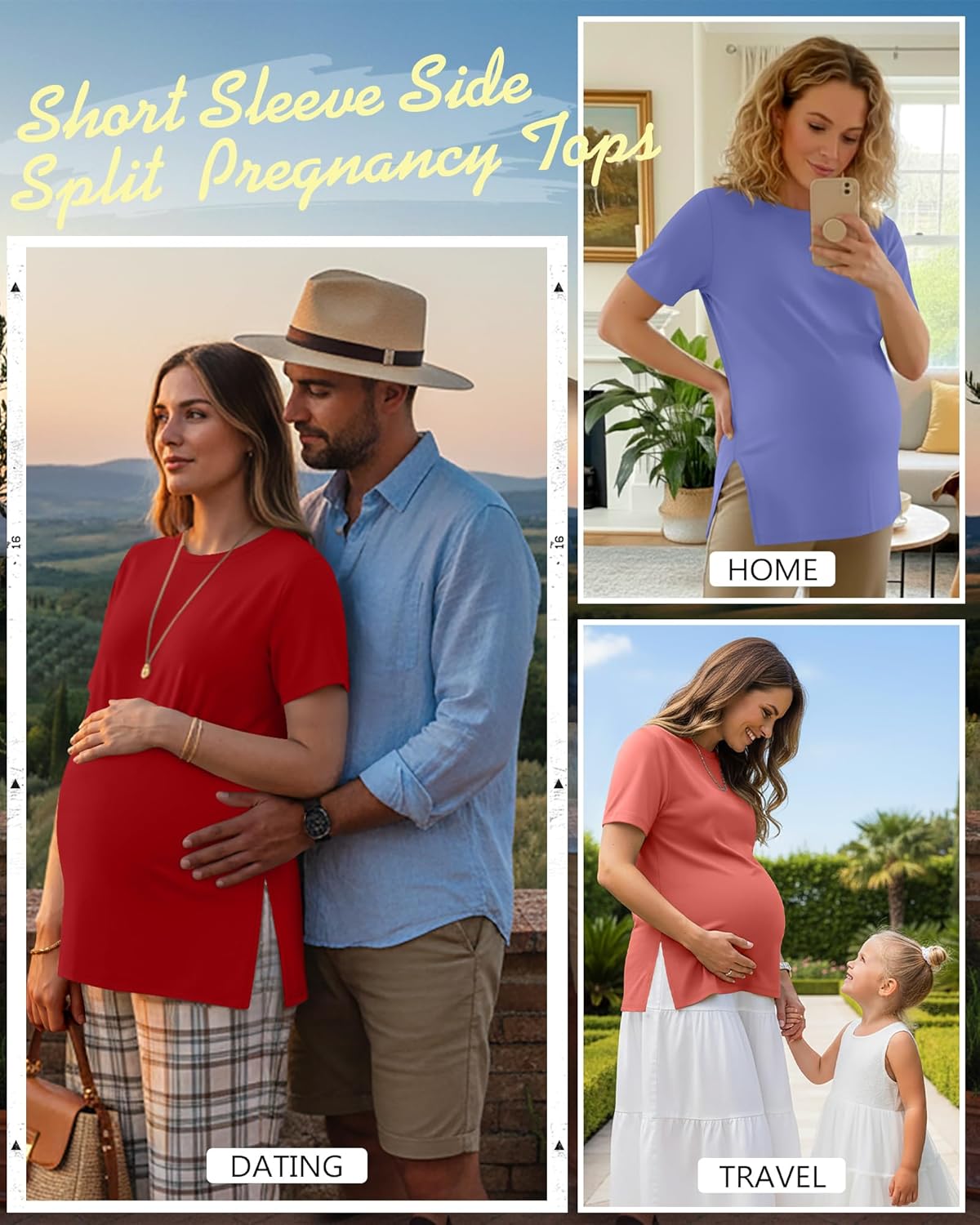 Ficerd 3 Pack Women's Maternity T Shirts, Short Sleeve Side Split Pregnancy Tops Casual Crew Neck Pregnant Tees Mama Clothes - Image 3
