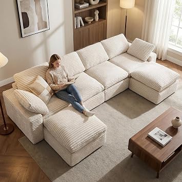 KKL 150" Modular Sectional Sofa, Cloud Sectional Couch U-Shaped with Ottoman, Corduroy Boneless Couch for Living Room Bedroom, Deep-Seat Upholstered Modular Cloud Sofa, No Assembly Required, Beige