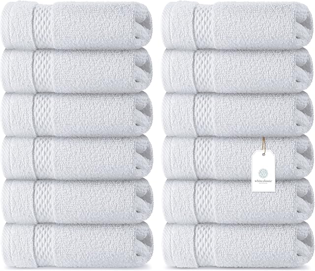 White Classic Luxury Washcloths for Bathroom-Hotel-Spa-Kitchen-Set - Circlet Egyptian Cotton - Highly Absorbent Hotel Quality Face Towels - Bulk Set of 12 - 33x33 cm (White)