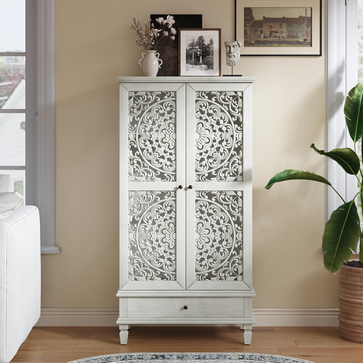 VilroCaz Rustic 55'' Tall Storage Cabinet with 2 Hollow-Carved Doors a Drawer, Wood Accent Cabinet with Solid Wood Legs for Living Room, Hallway, Dining Room (Grey White-T)