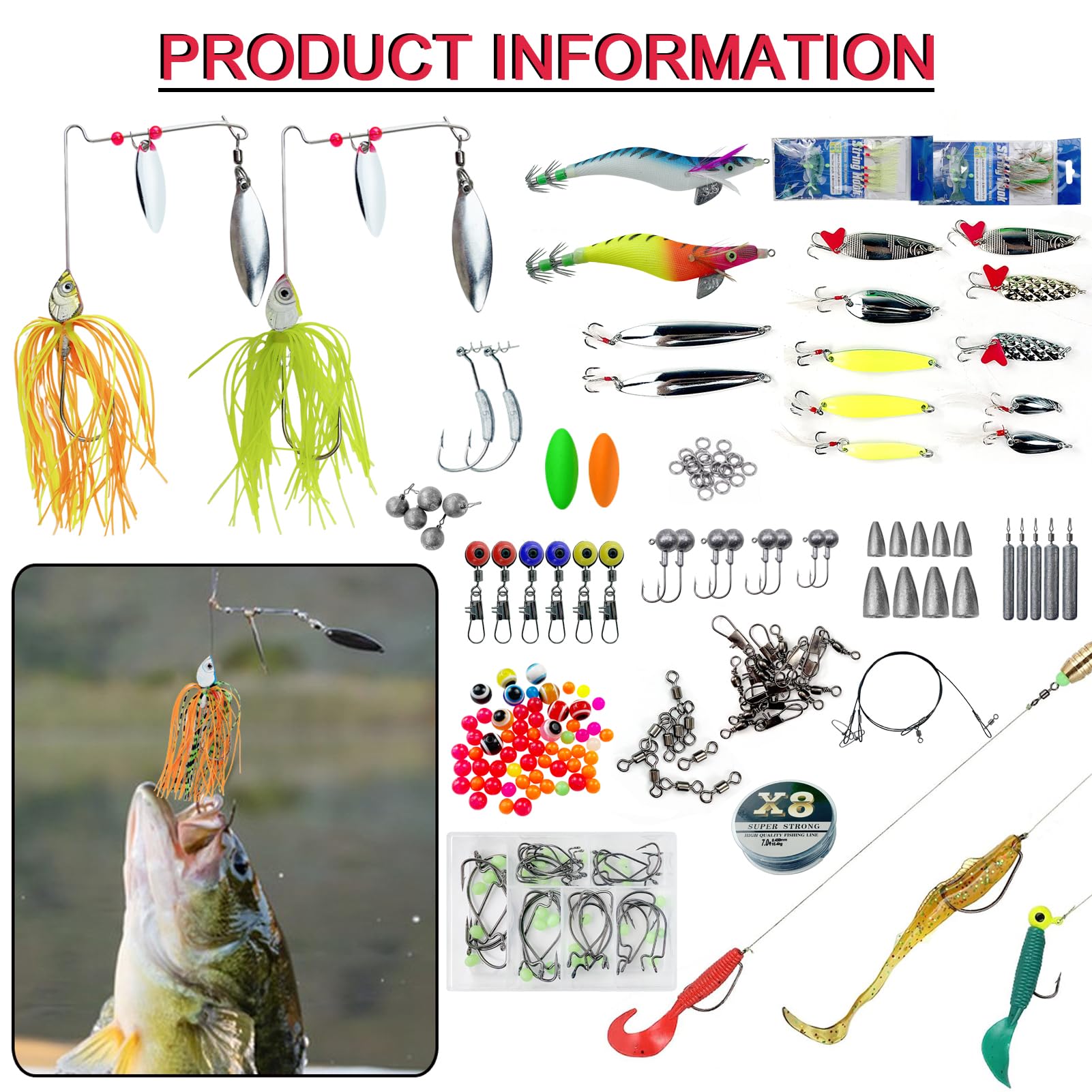 Kit di esche da pesca da 353 pezzi, include esche morbide, pesciolini, crankbait, spinnerbaits, cucchiai, piombi, girelle, esche da pesca per acqua dolce e salata