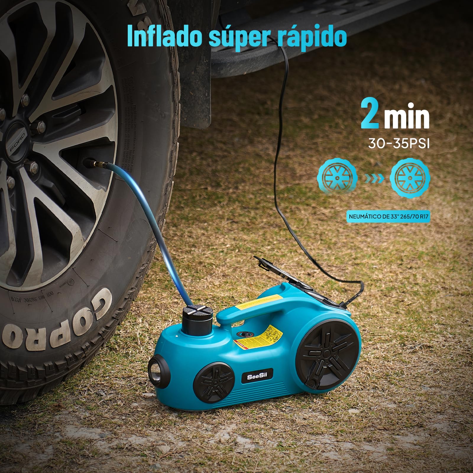SEESII Kit de Gato Hidráulico Eléctrico para Coche 5 Toneladas (Alcance de Elevación 17.7 Pulgadas) - Gato 3en1 con Llave de Impacto e Inflador - Gato de Suelo para SUV/Camioneta/Camión/Sedán