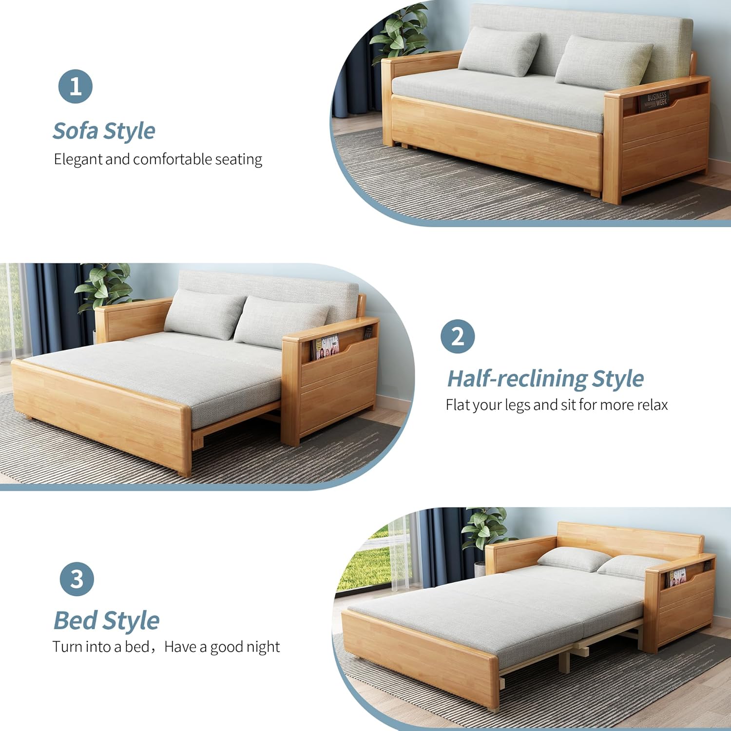 70.8"Queen Convertible Sofa Sleeper,Grey cushion Sectional Sleeper Sofa with Reversible Chaise,Solid wood Sofa Bed 3 in 1 Pull Out Couch Bed for Living Room,Apartment,Bedroom,and Office with Storage