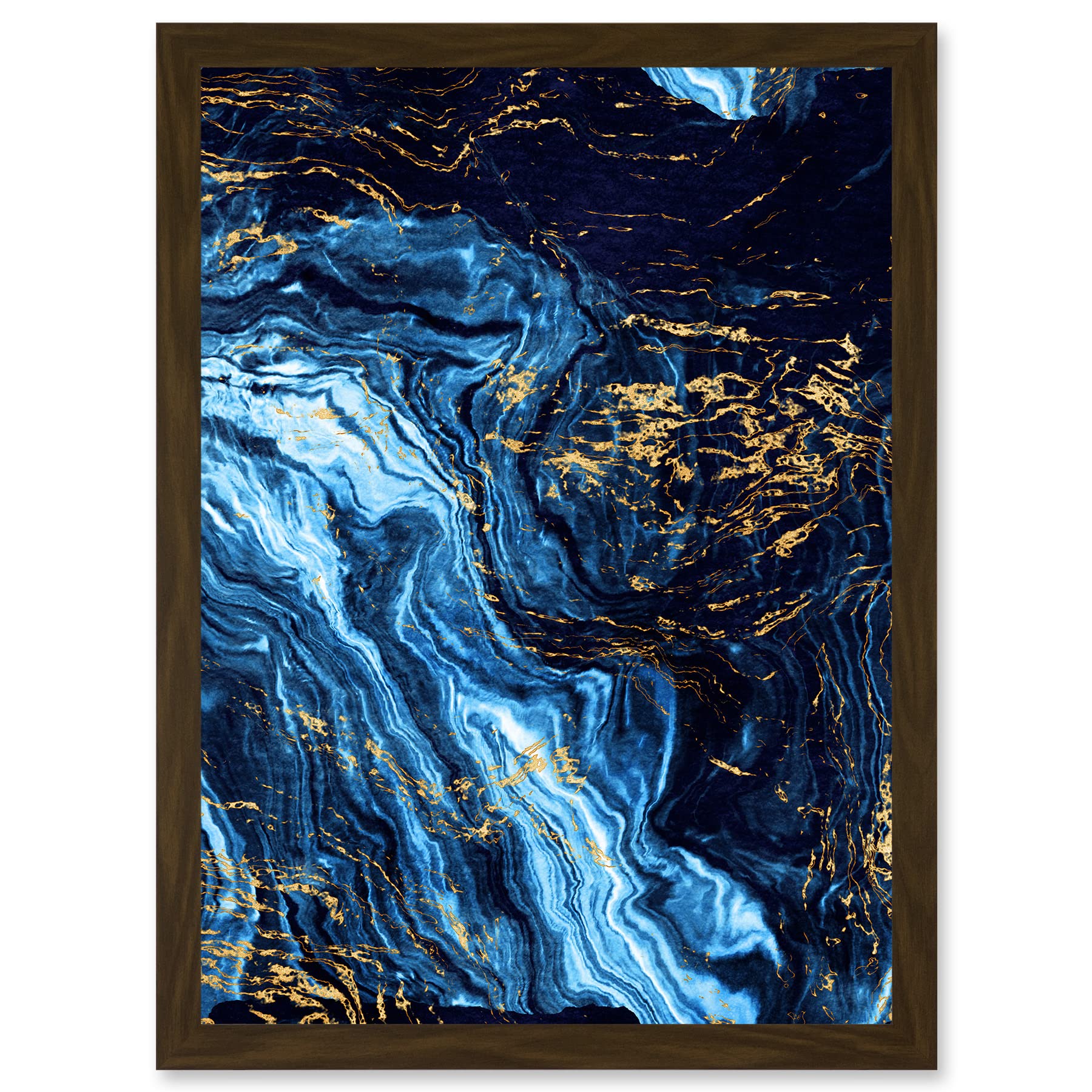 Abstract Dark Blue Gold Pour Watercolour Framed Wall Art Print A4 - Artery8