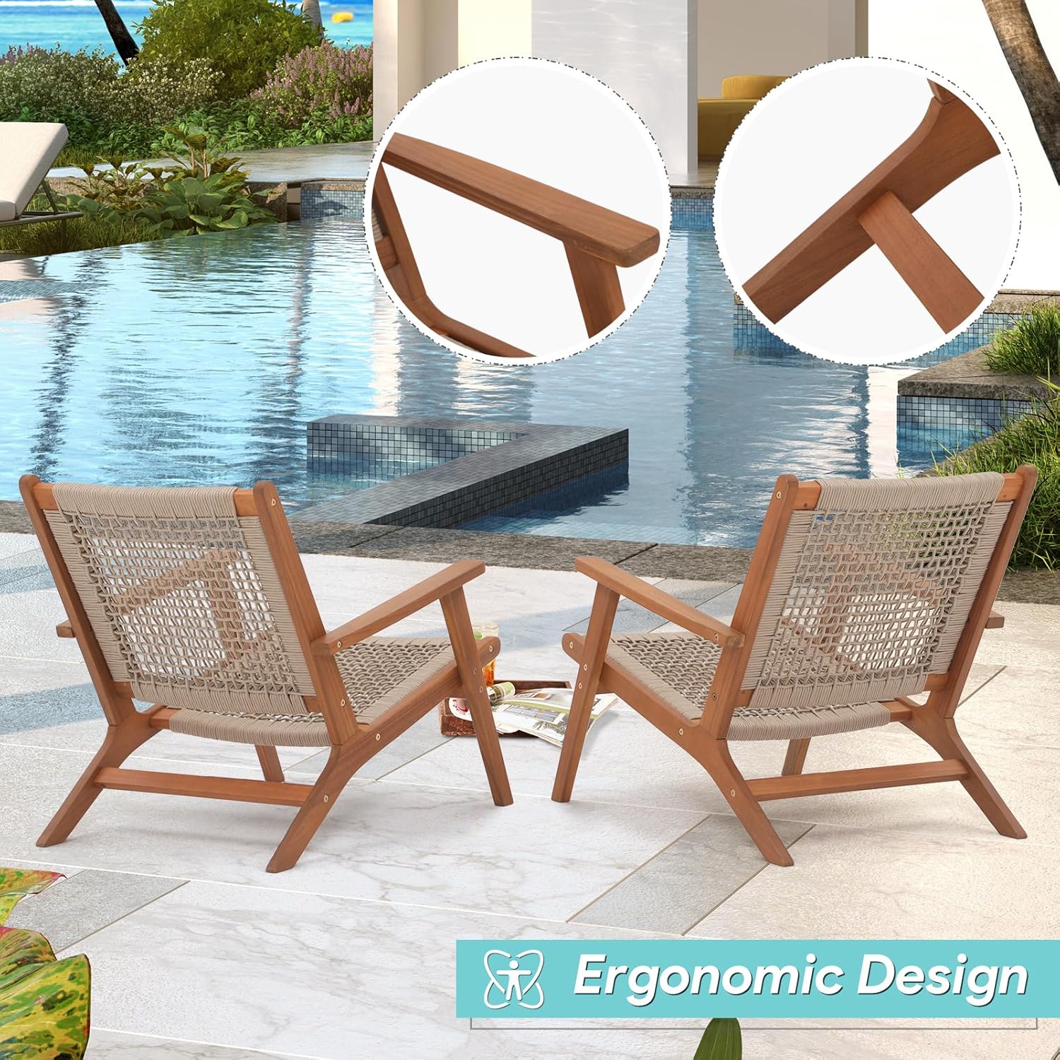 Verano Garden Set of 2 Patio Lounge Chair, Modern Acacia Wood Accent Armchair with Handwoven Rope for Patio,Living Room, Bedroom, Balcony (Beige)