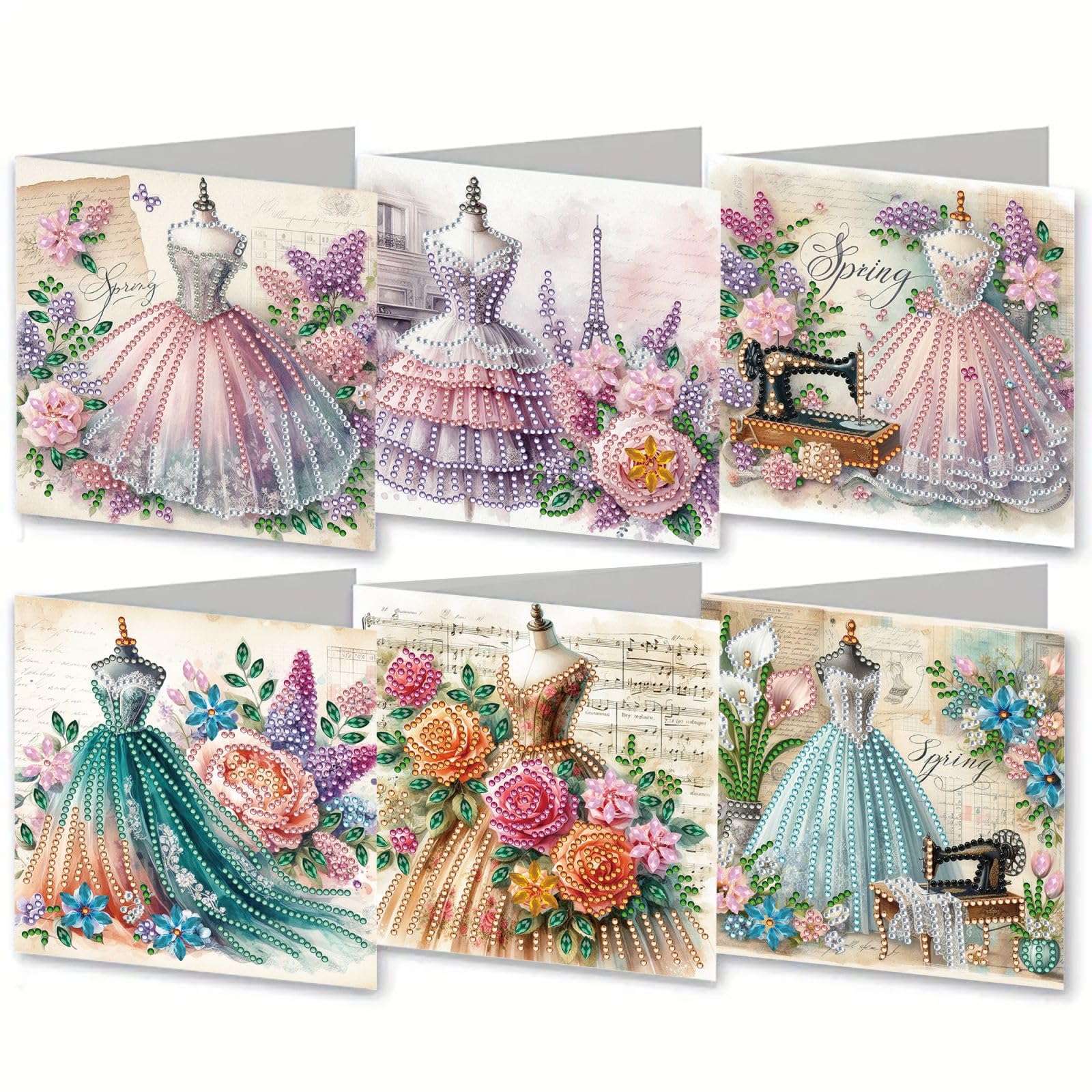 6 Pack 5D Diamond Art Painting Greeting Cards Set, DIY Diamond Art Card Kits with Envelopes, Handmade Craft Note Cards Gift for Women and Crafters-04-Skirt