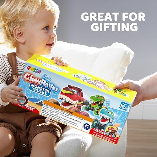 Vista 6 de JOYIN Paquete de 3 camiones monstruos de juguete - Coches iluminados activados por movimiento para niños pequeños - Ruedas LED Monster Glow Rover