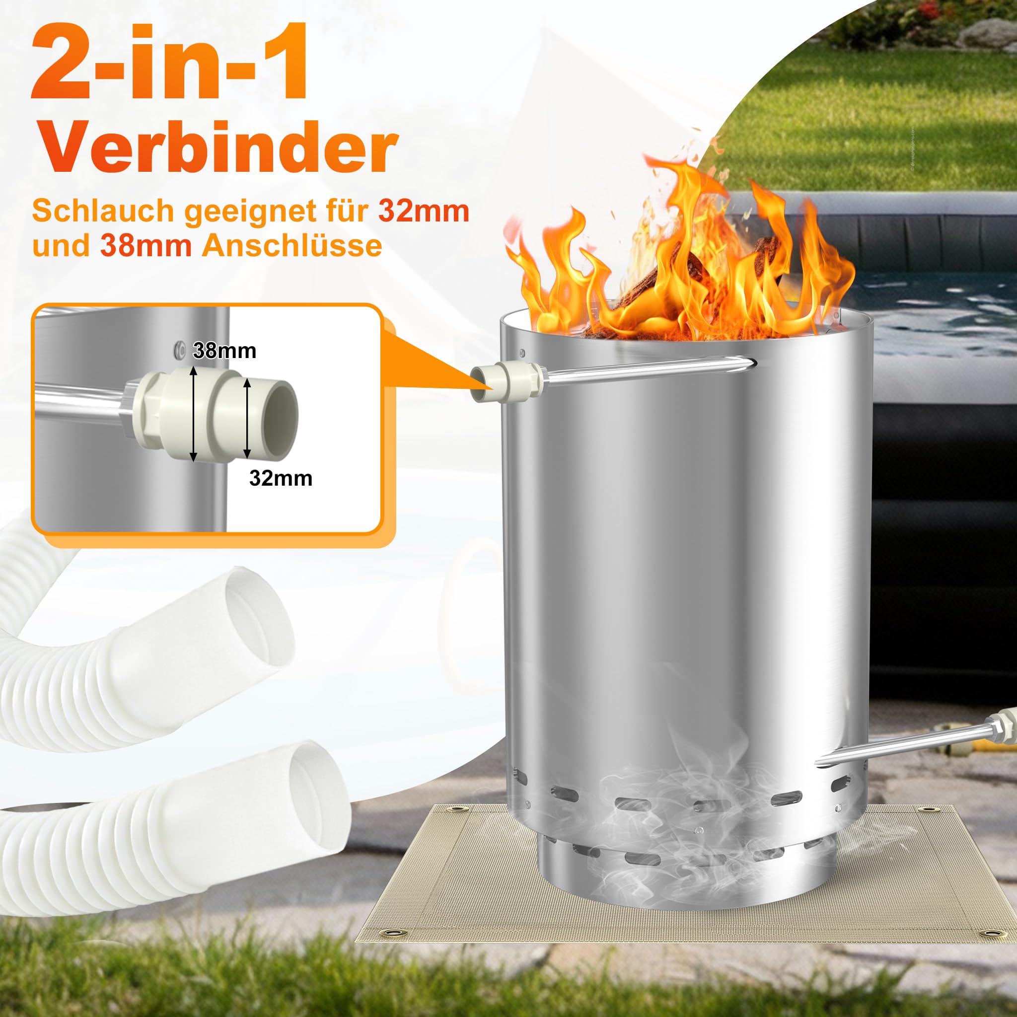 ACXIN 30x45cm Poolheizung mit Feuer, 32/38mm 2-in-1 Anschlüsse Edelstahl Feuertonne Brennholz Pool Heizung mit Ascheauffangboden und Heizspirale für Schwimmbäder, Poolofen Heizungen mit Matte