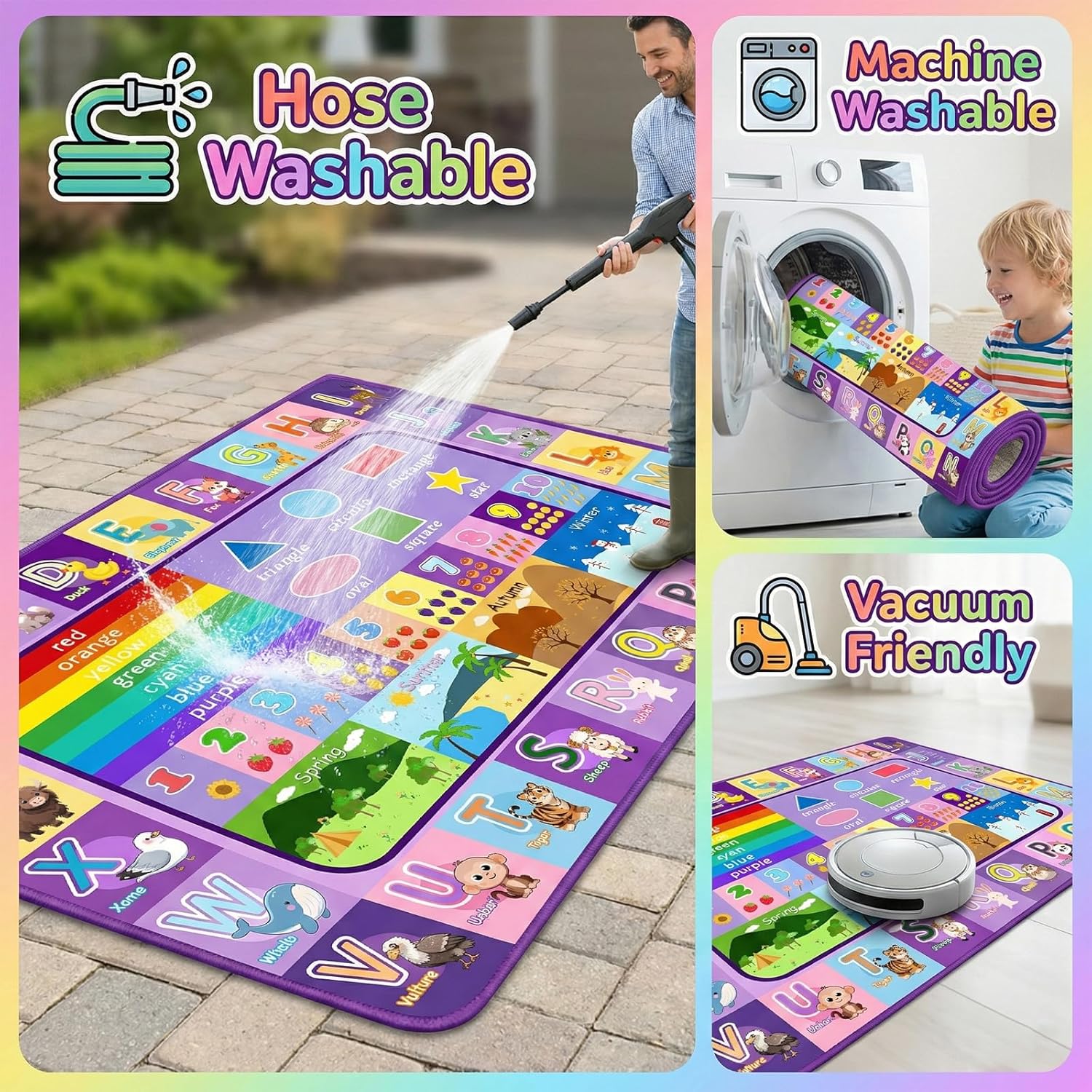 ABC Rugs for Kids Playroom, 3x5 Ft Educational Alphabet Rug with Numbers Animals Seasons Fruits, Non-Slip Washable Soft ABC Mat for Nursery Bedroom Boys Girls