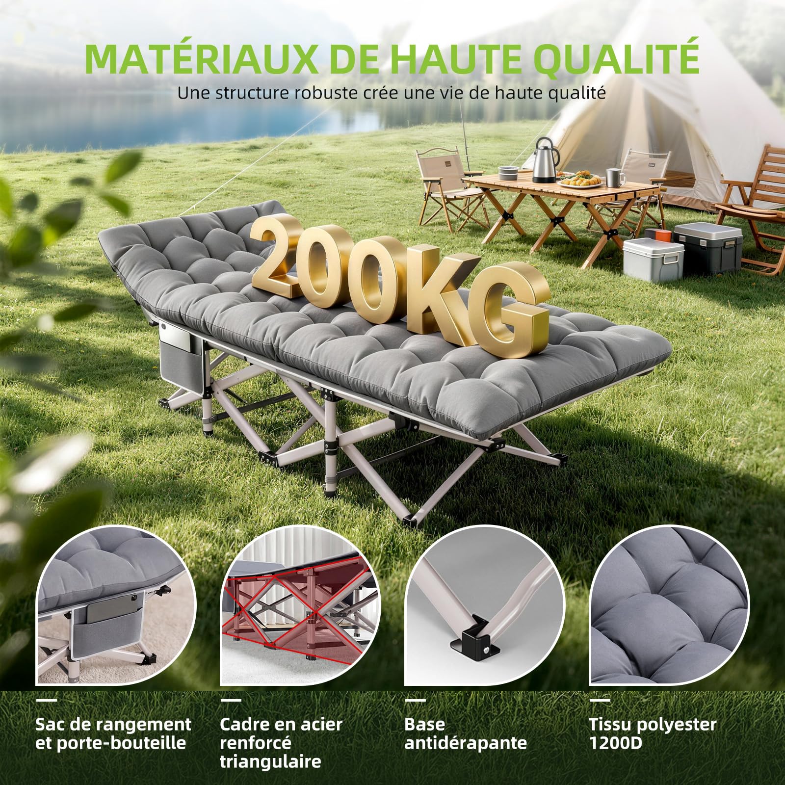 Lit de Camp Pliable avec Matelas Réversible 2 en 1 -Été et Hiver, Lit de Pliable Confortable Charge Jusqu'à 200Kg pour Camping, Les Voyages, la Maison, Jardin, Gris