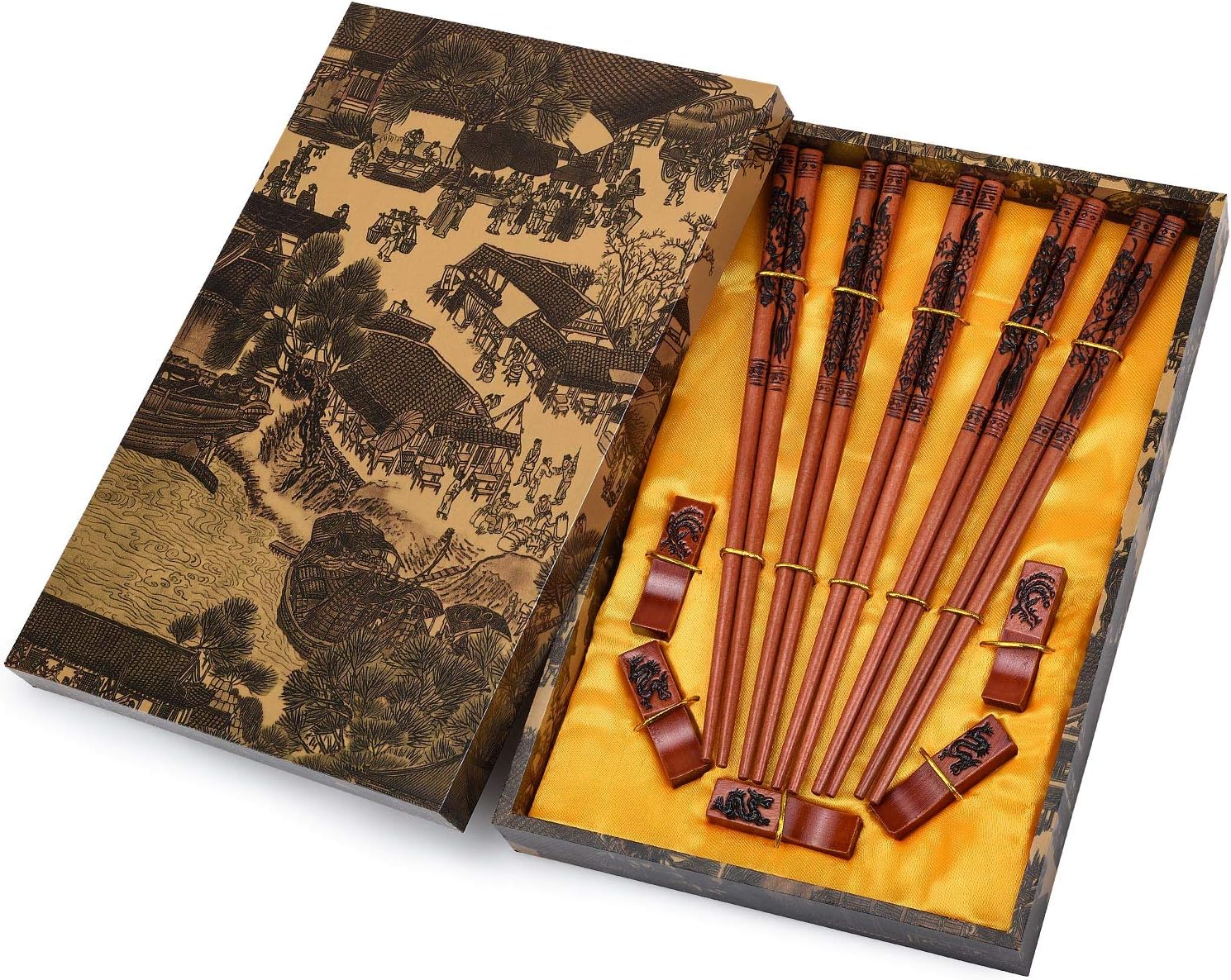 Chopsticks Reusable Chinese Chopsticks Dragon and Phoenix Carve on Chopsticks with Holder, Carrying Bag Chopsticks Set with Unique Package(5 Pairs)