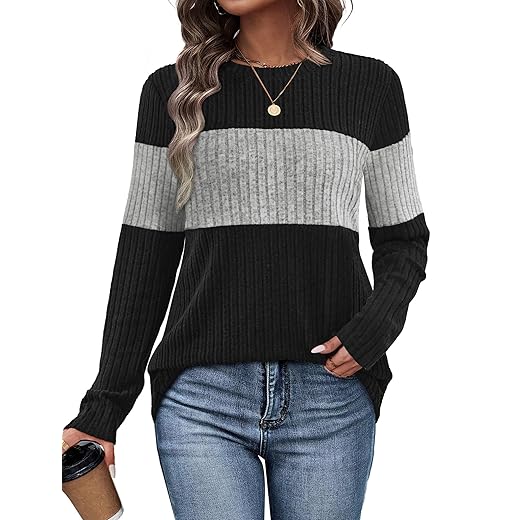 WIHOLL Womens Sweaters Trendy Color Block Tops Long Sleeve Shirts Fall Outfits Early Fall Fashion 2025 Winter Clothing