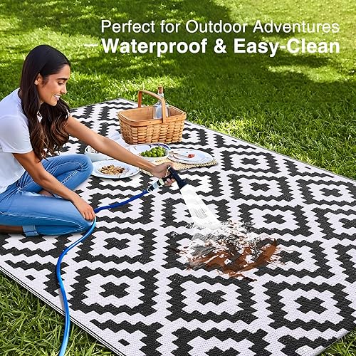 Vista 3 de OLANLY Waterproof Outdoor Rug 5x8 ft, Outdoor Plastic Straw Rug for Camping, RV Mat Outside, Indoor Outdoor Carpet for Porch, Deck, Backyard, Negro