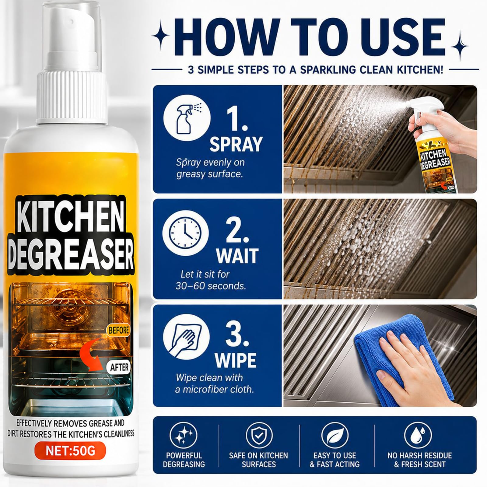 Kitchen Degreaser Spray, Killer Spray, Backofen Herdplatte Grill50ml (3PCS)