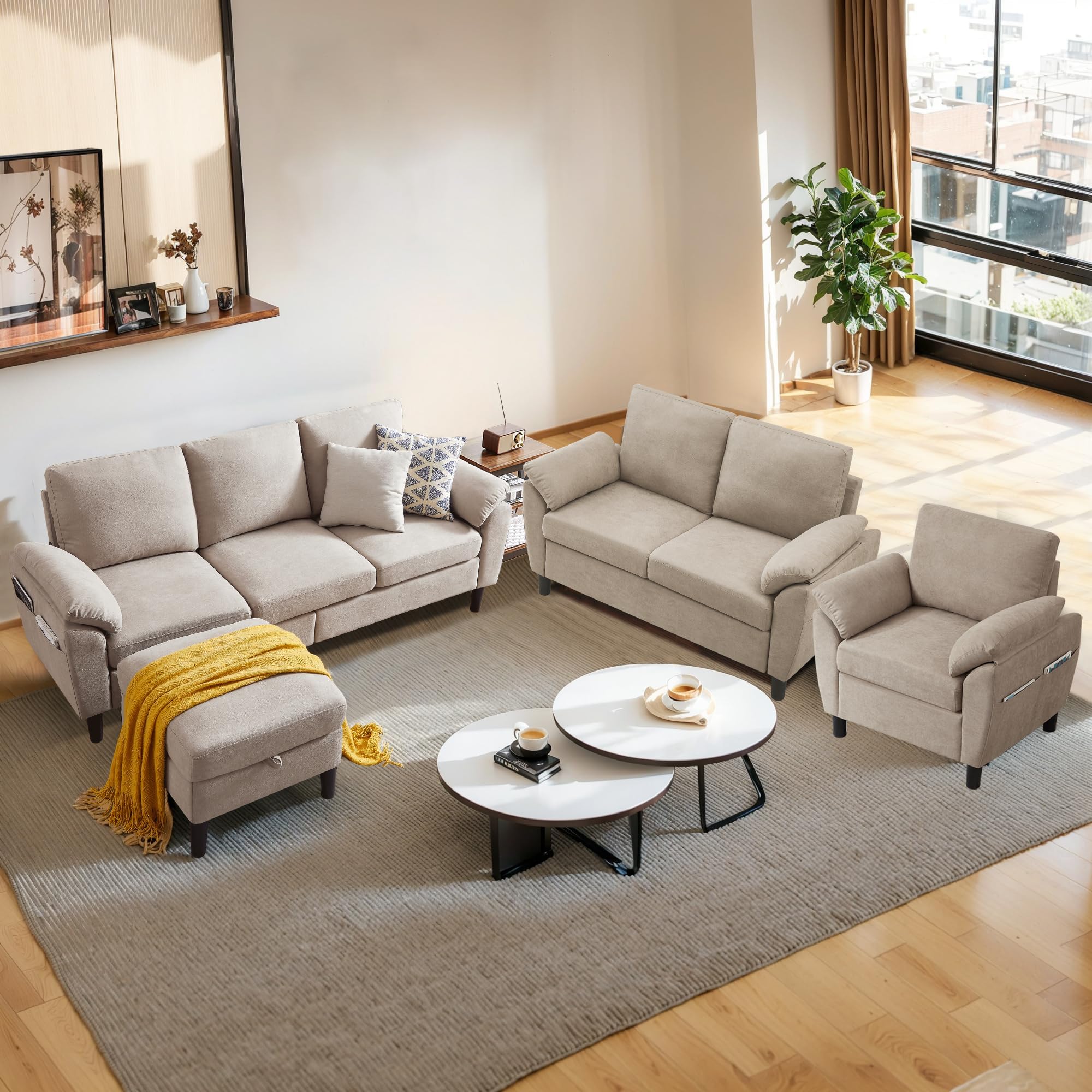 3 Pieces Sectional Sofa Set, 3-Seat L Shaped Couch with Storage Ottoman, 2 seat Loveseat, Accent Single Chair Sofa Set Polyester Fabric for Living Room, Beige