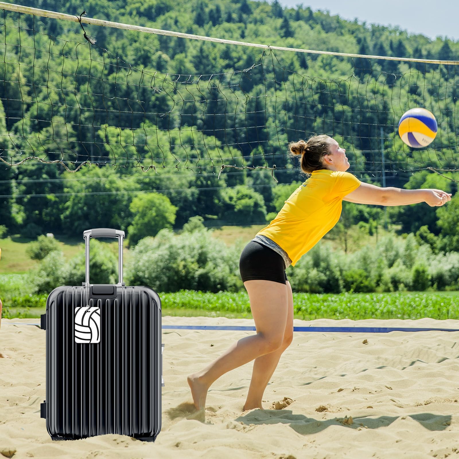 Fuyoooo 12 etiquetas de identificación de regalo de voleibol para bolsa de equipo, etiqueta de plástico para mochila de voleibol, bolsa de equipaje, 4 x 2.76 pulgadas