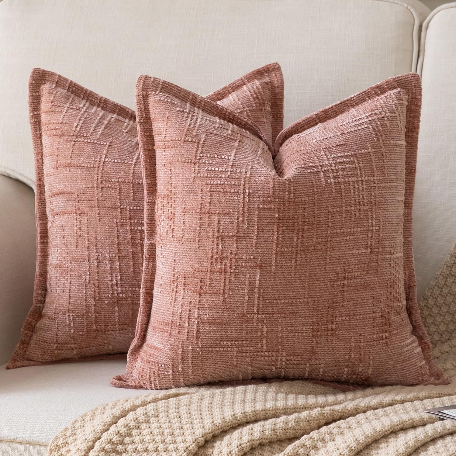 YAERTUN Chenille Cushion Covers 40x40 cm 16x16 inch Set of 2 Textured Broadside Soft Cozy Velvet Throw Pillow covers Farmhouse Boho Decorative Pillow Cases for Couch Bed Sofa Livingroom DustyPink