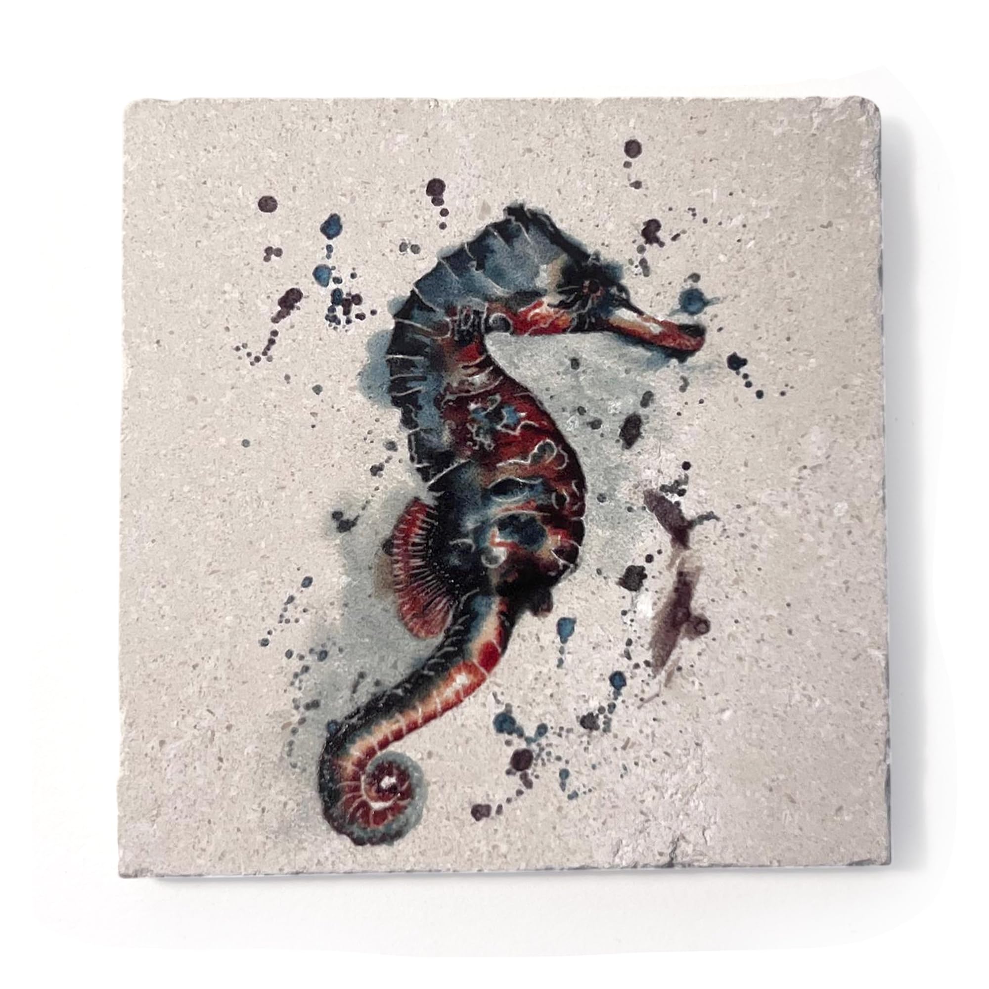 Seahorse Stone Drink Coaster-10cm x 10cm, Watercolour Design, Coastal Wildlife Art, for Nature Lovers