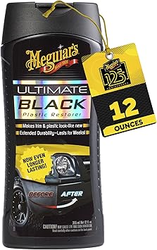 Meguiar's Ultimate Black Plastic Restorer, Durable Car Restorer for Faded Black Plastic, Vinyl, and Rubber, Restores Deep Color and Shine, for Car Guys, 12 Oz