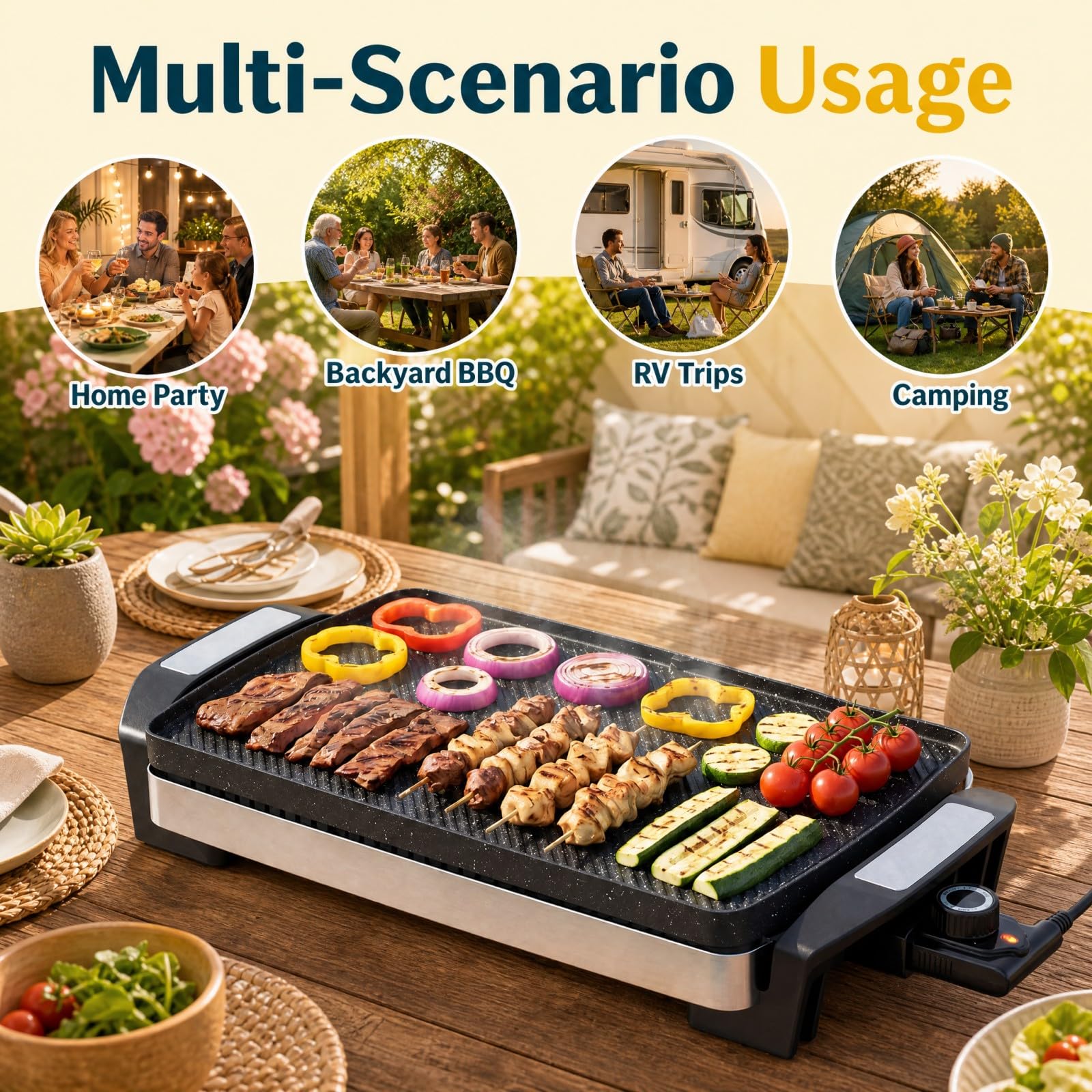 LIFEZEAL Griglia Elettrica 1500W, Barbecue da Tavolo con Piastra Bifacciale | Plancha Antiaderente per Interno e Esterno, Temperatura Regolabile a 4 Livelli, Grill Rimovibile e Lavabile in Lavastoviglie