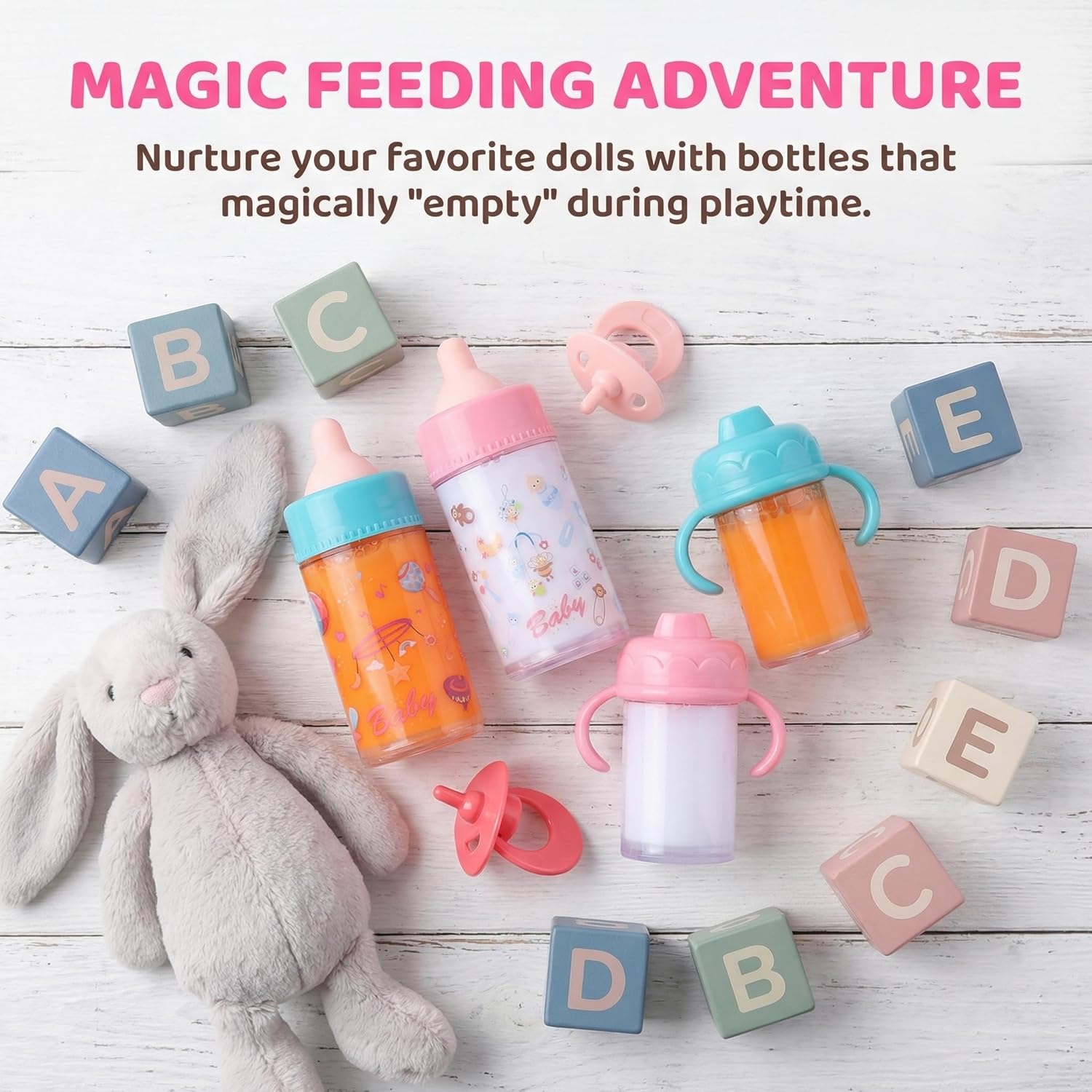 Baby Doll Feeding Set - Toddler Role Play Toys with 2 Milk Bottles, Juice Bottle & Pacifier in Transparent Portable Pouch, Realistic Liquid Drop Design for Girls 3 Year Old (C)