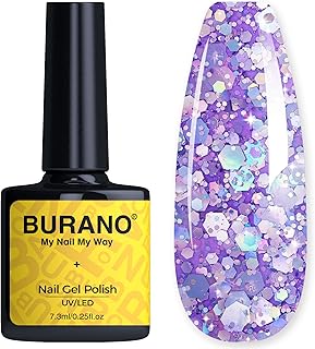 BURANO Glitter Gel Nail Polish, LED UV Nail Gel Shimmer Holographic Effect Soak off Gel Curing Required, No Chip Gel Polish Sparkle Gel Home DIY Nail Salon (Purple LP21)