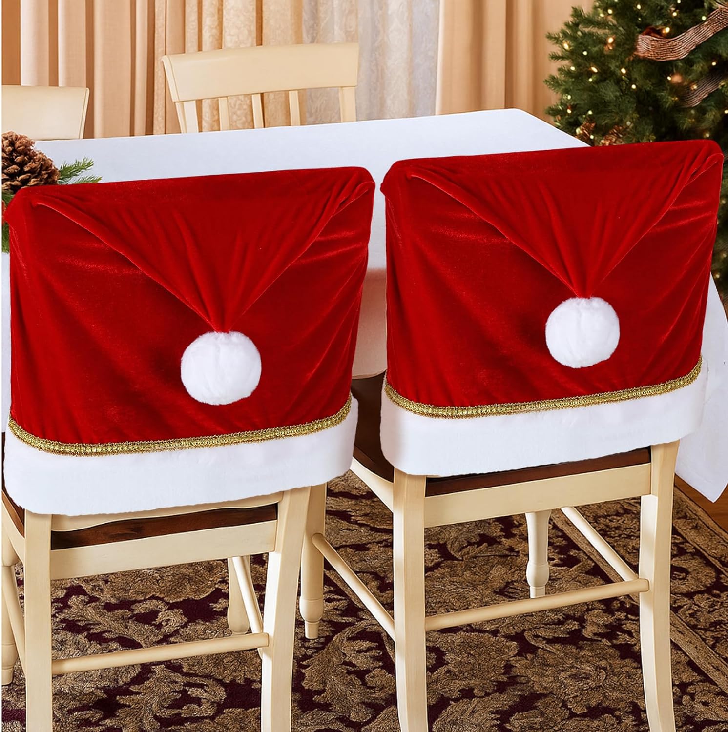 Boao 4 Pcs Christmas Chair Covers Santa Claus Hat Dining Chair Slipcovers Velvet Xmas Seat Back Covers Protector for Christmas Holiday Kitchen Festival Decoration