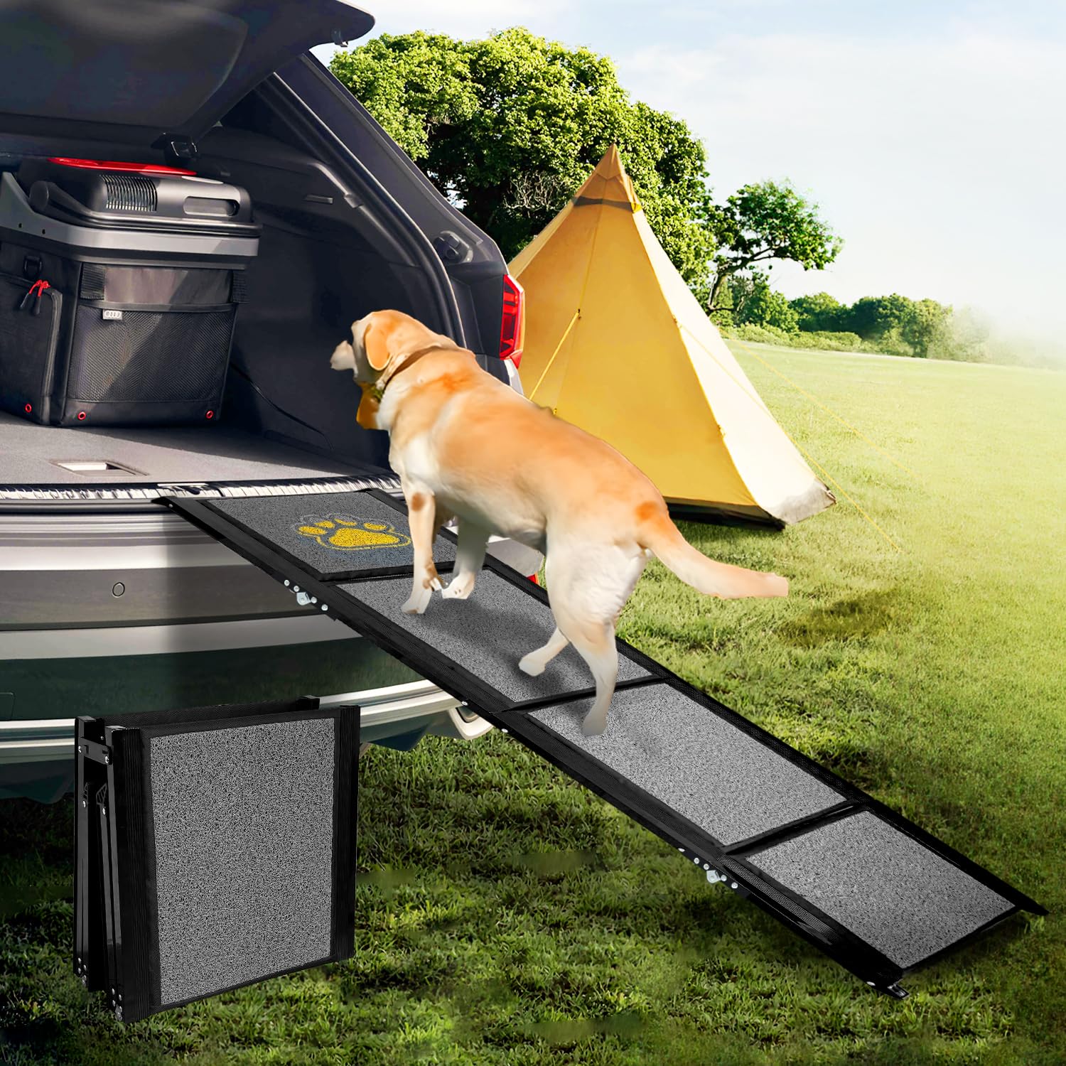 Rampa per cani per auto, pieghevole, extra lunga, 170 cm, con superficie antiscivolo, per cani di taglia piccola, media e grande, portatile, per auto, SUV, camion, divano e letto
