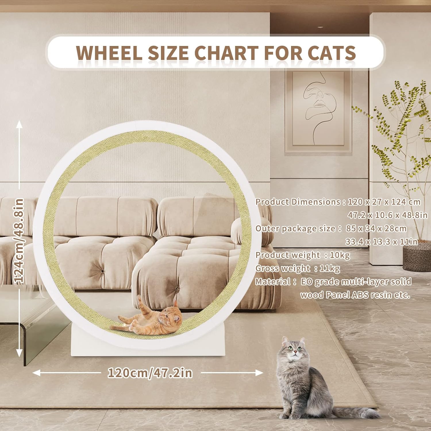 Cat Exercise Wheel, Inside Diameter 43.3 Inch Cat Wheel Exerciser for Indoor Cats, Cat Treadmill Wheel, Fitness Weight Loss Device, Cat Running Wheel, Noiseless Rollers(Sisal Blanket)