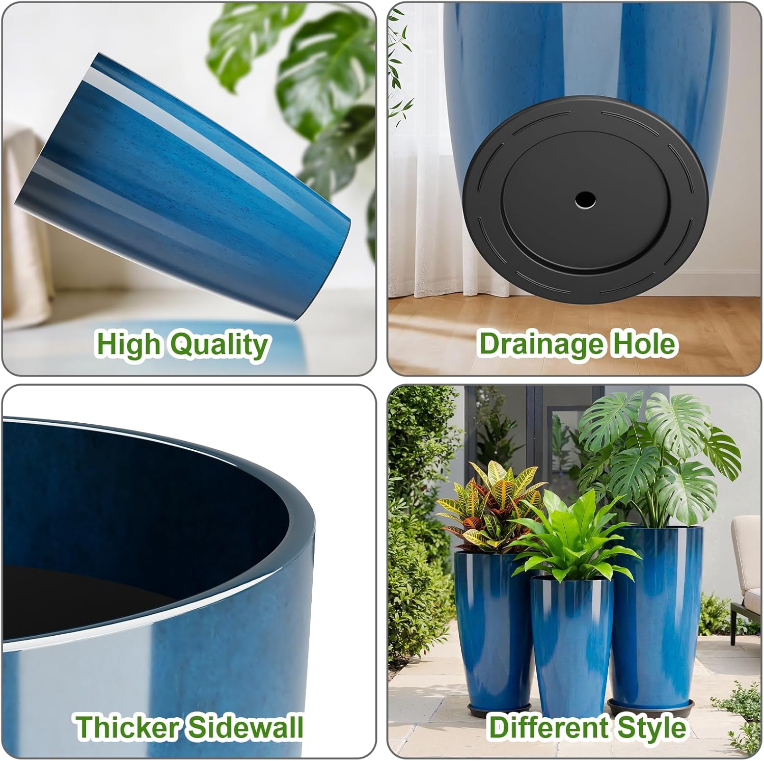 QCQHDU 24, 21, 18 inch Tall Planters for Outdoor Plants, with Drainage Hole & Saucer, Set of 3 Tall Outdoor Planter for Indoor & Outdoor Plants, Modern Home Decor