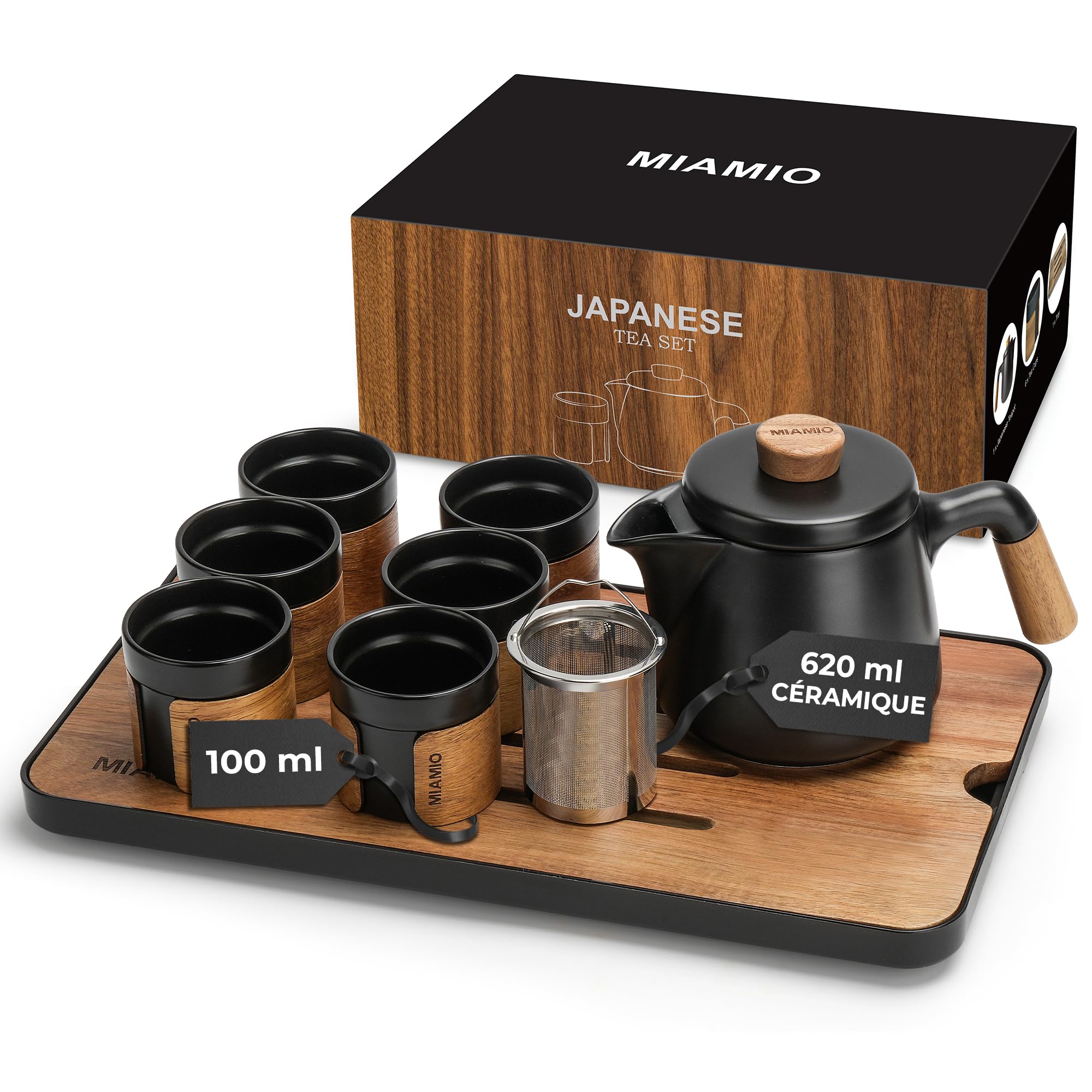 MIAMIO - Ensemble 6 x 100 ml de thé japonais/chinois/Théière asiatique 620 ml avec infuseur de thé, ensemble de tasses à thé japonaises traditionnelles pour les amateurs de thé/hommes/femmes