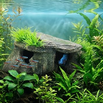 Aquarium Cave & Betta Hideout - Natural Resin Fish Tank Decorations, Small Turtle Basking Platform, Hand-Polished Smooth Edges, PH Neutral Stone Decor for Shrimp, Cichlid, and Reptiles (Small)