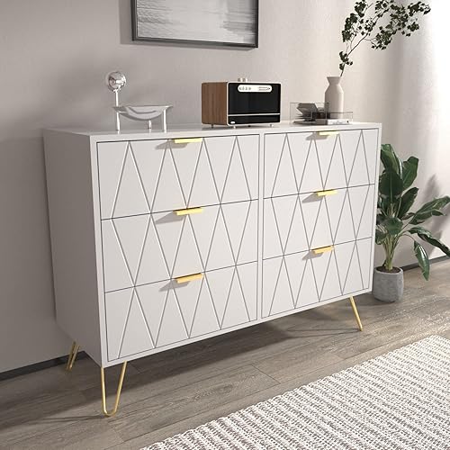 Miniatura 3 de UEV Cómoda de 6 cajones, cómoda moderna con cajones anchos y asas de metal, cómoda de madera para dormitorio, sala de estar, pasillo, entrada