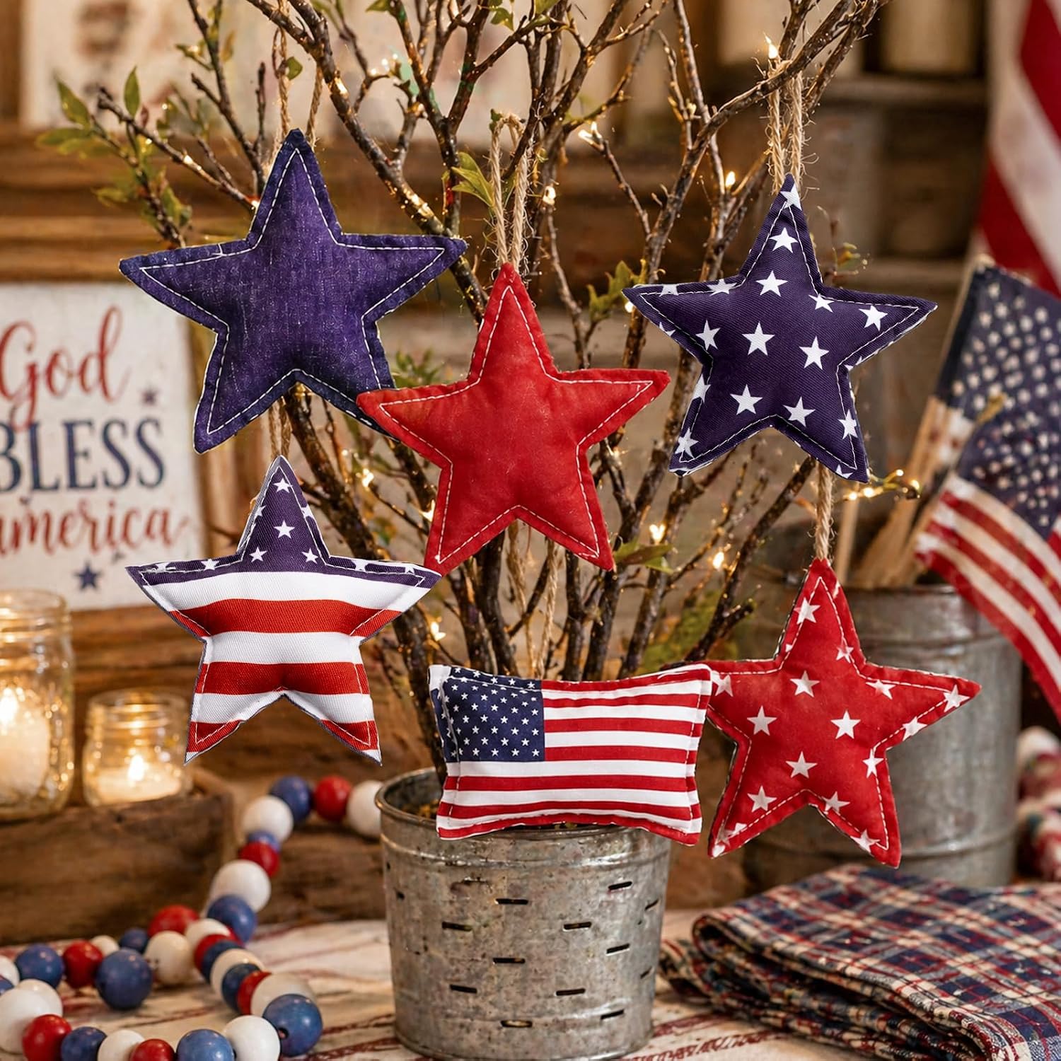 Novabright 7 Pcs 4th of July Vintage Fabric Hanging Ornaments 4th of July 250th Anniversary Star Bowl Filler Patriotic Red White Blue Star Decorations for Independence Day Home Decoration DIY Craft