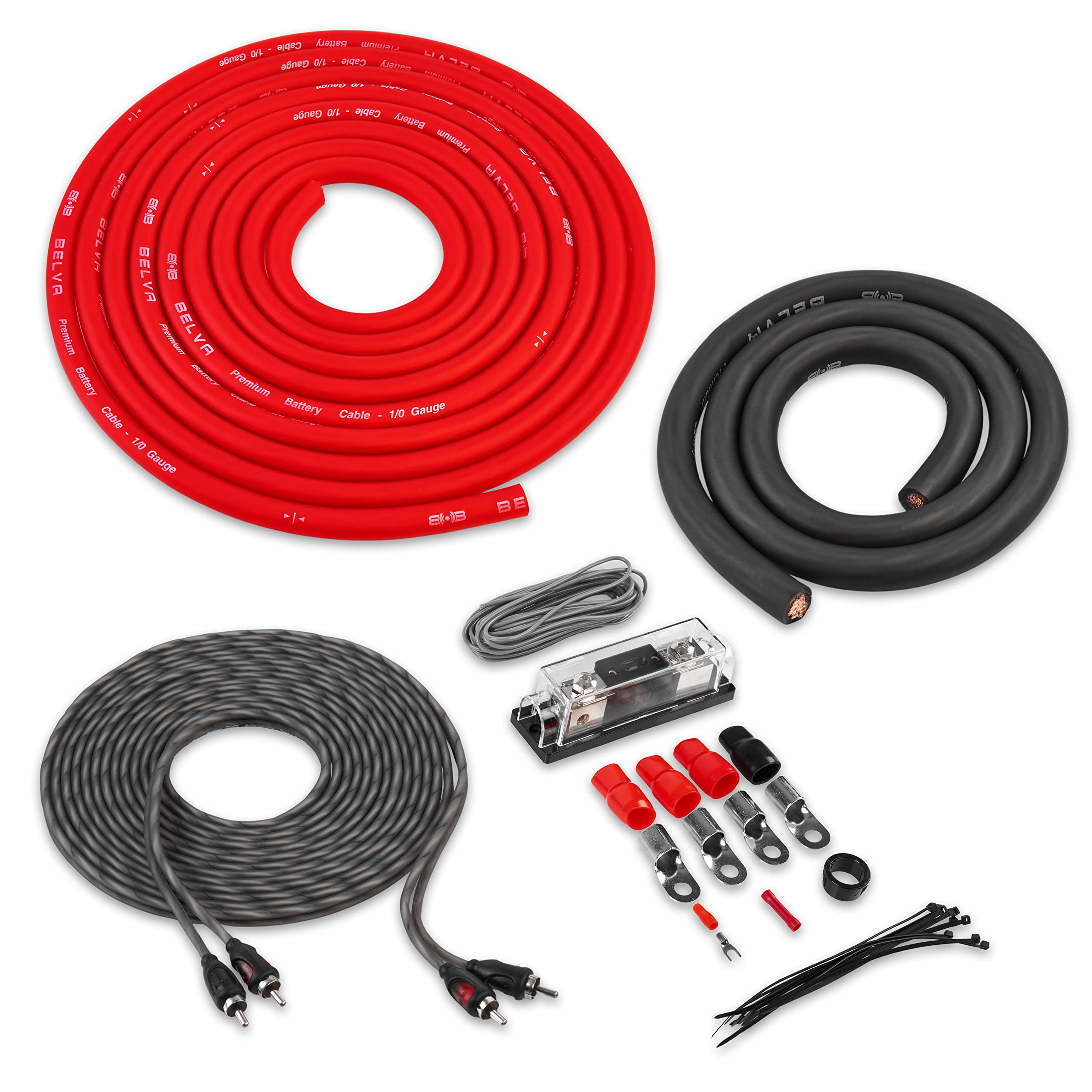 Belva Complete 1/0 Gauge 2-Channel Copper-Clad Amp Wiring Kit [RED] with 2-Channel RCA Interconnects [BAK02]