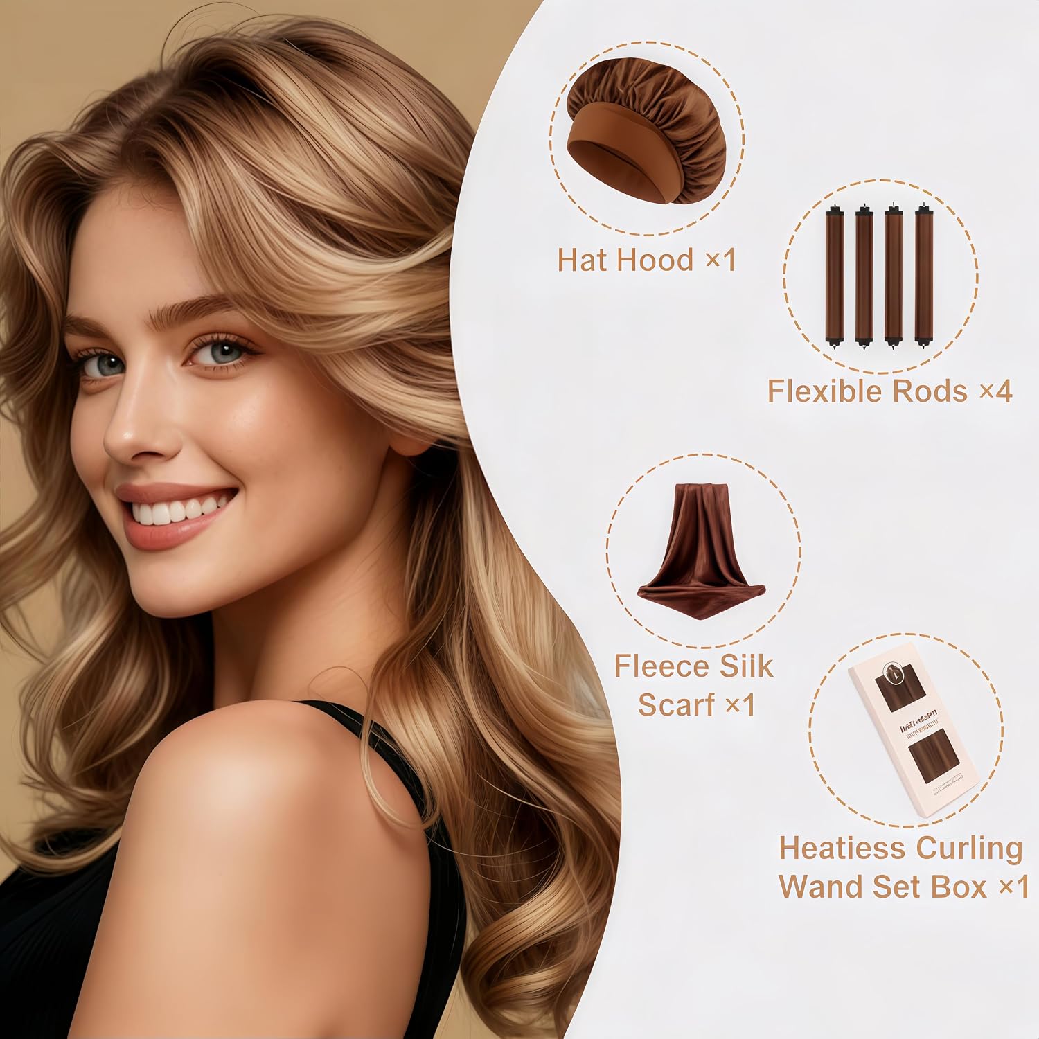 Satin Flexi Rods for Natural Hair, Heatless Curlers Overnight 4-Piece Sleep Curl Rods Set with Velvet Curlers, Satin Hair Tie & Bonnet