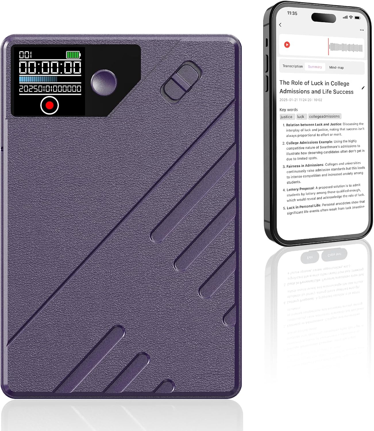 Close-up view of the Powate AIVI-01 AI Voice Recorder showing its screen, buttons, and microphone.