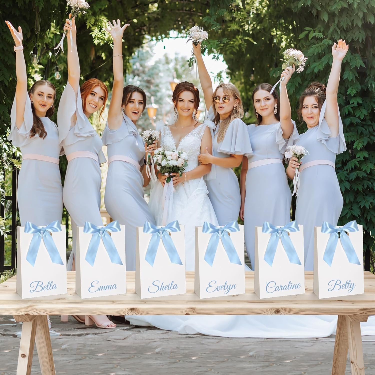 Aliceset 12 Pcs Small Thank You Bridesmaid Gift Bags 10 x 7 x 3.15'' with Die Cut Handles Compact Bags with Bow Ribbon for Wedding Baby Shower Birthday Party Favors(White,Light Blue) - Image 6