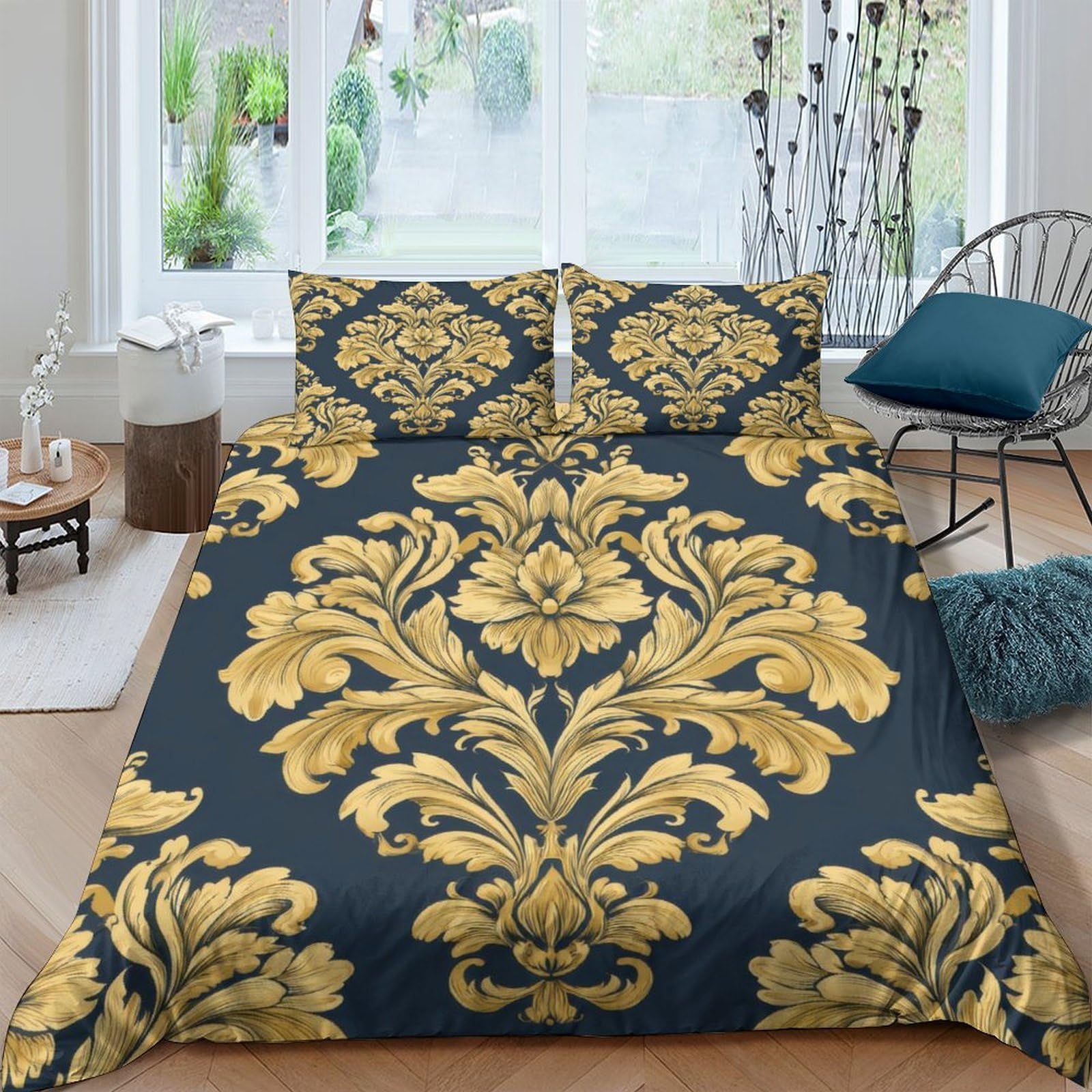 GPLZQXKJNH 3D Printed Baroque Floral Duvet Cover Microfiber Soft Breathable Damask Bedding Set with 2 Pillowcases for Bedroom Decor Single（135x200cm）