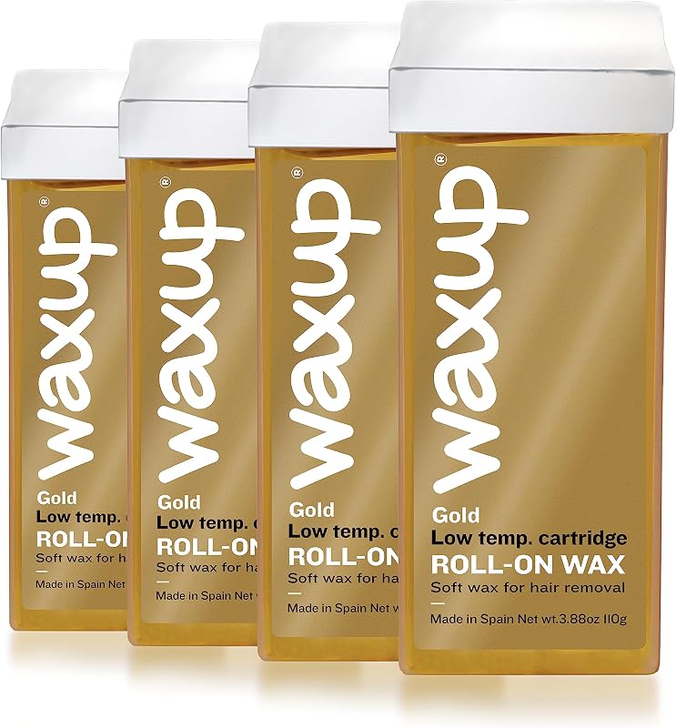 Cartucho para depilación Waxup Gold Roll On, recarga de rodillo depilatorio para piernas y brazos 3.88 onzas / 110 g (paquete de 4) - Calentador de cera y tiras no incluidas