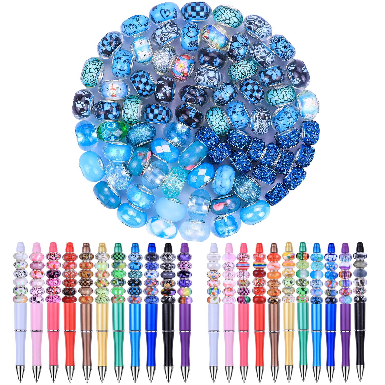 100 Pieces Assorted European Large Hole Fairy Wand Garden Beads, Mixed Color Lampwork Spacer Craft Beads for DIY Jewelry Making Supplies(Aqua)