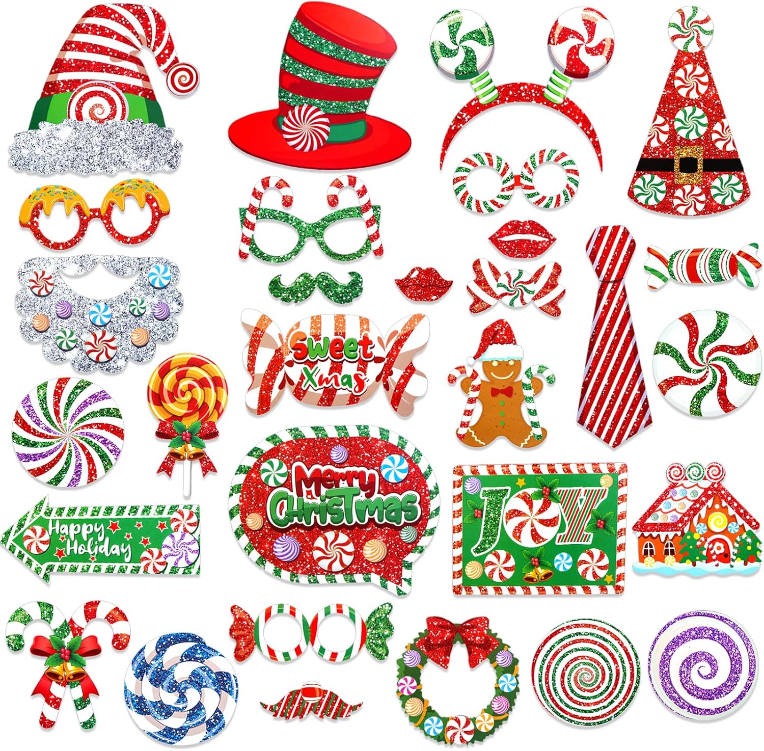 HOWAF 30pcs Glittery Photo Booth Props - Peppermint Candy & Lollipop Themed Selfie Props for Sweet Xmas Party Decorations