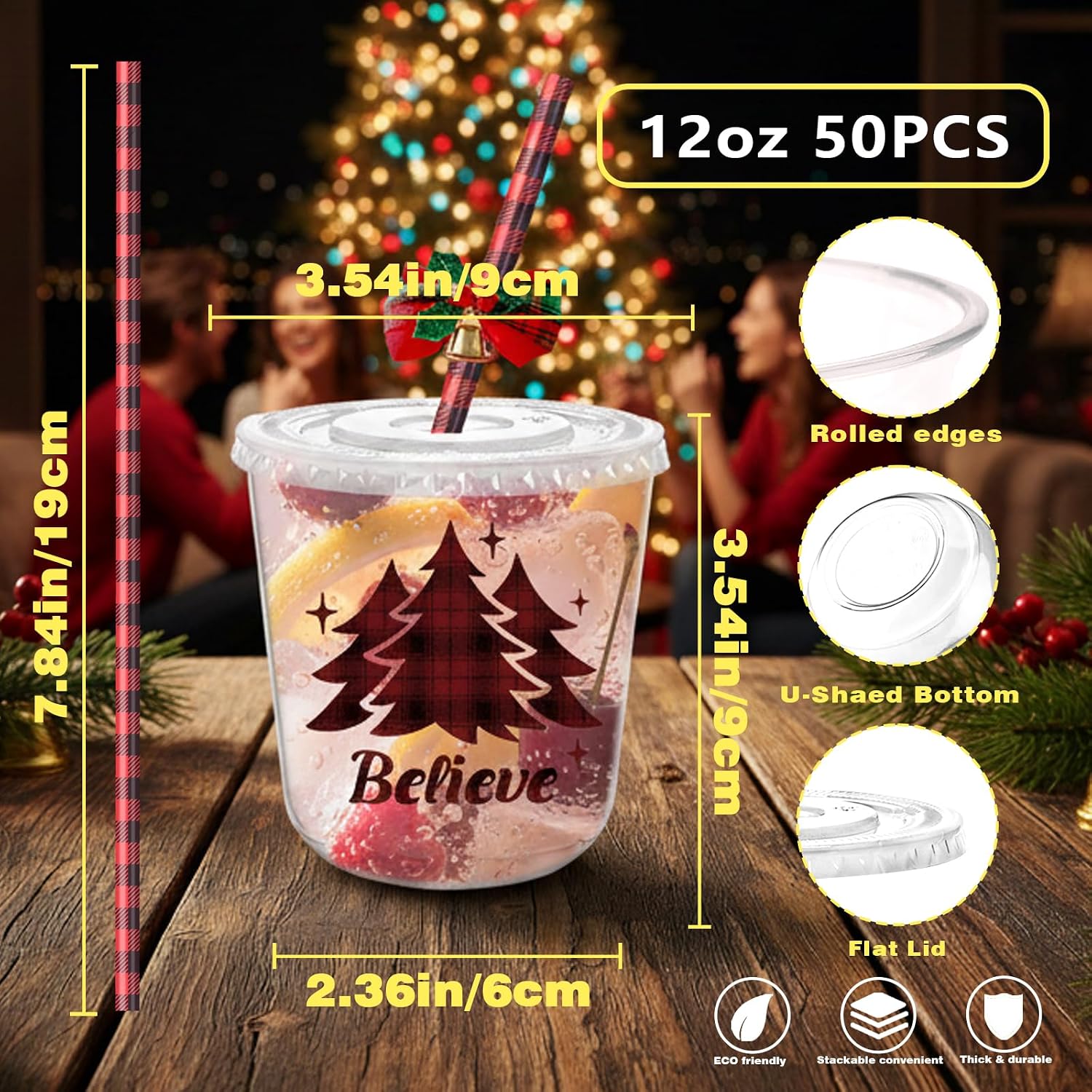 12oz Christmas Disposable Plastic Cups with bows and straws-Red Black Xmas Tree Santa Reindeer Snow Drinking Cups for Holiday Party Supplies Winter Coffee Juice Drink. (50)
