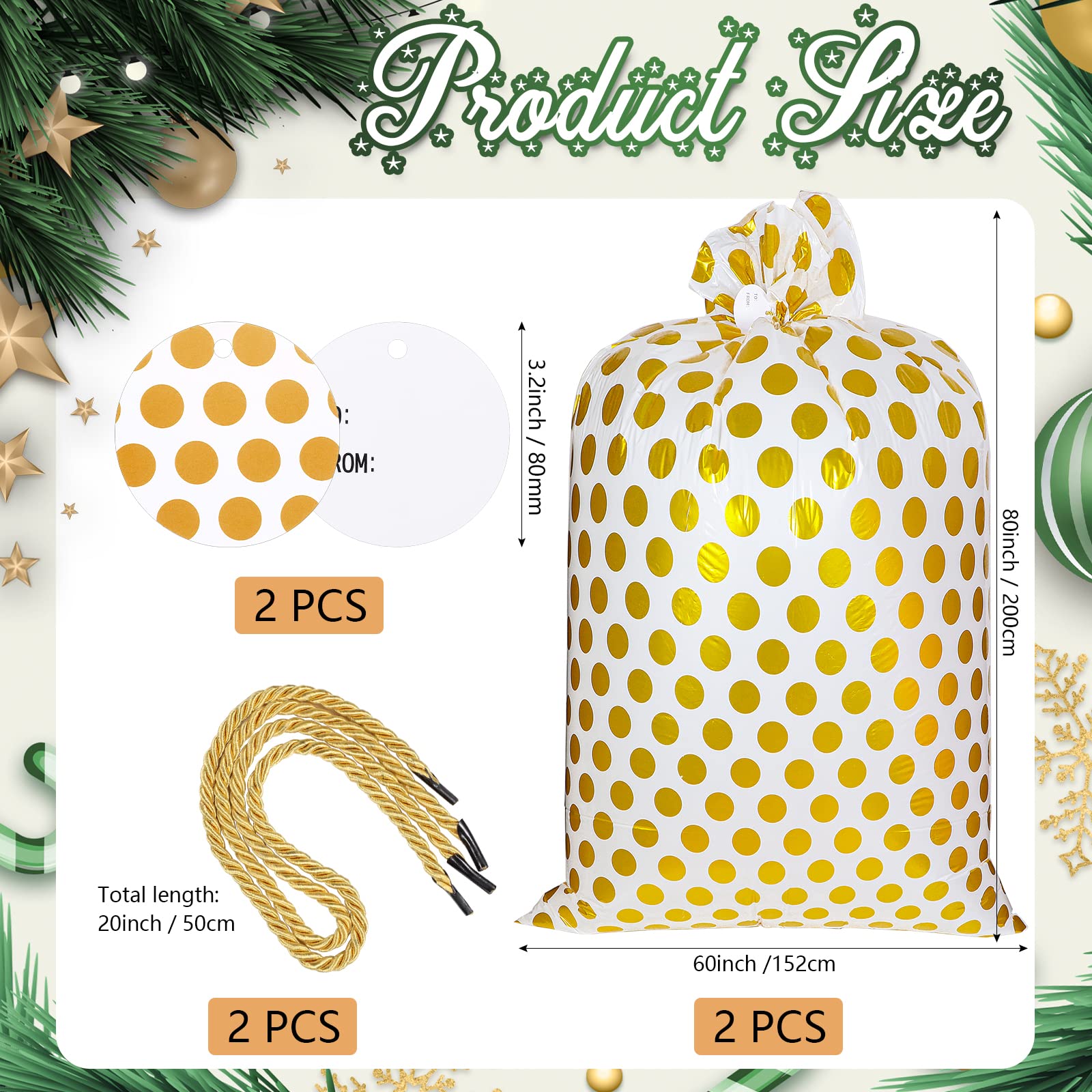 Sabary 2 Pcs 80 x 60 Inch Jumbo Bike Gift Bags Christmas Extra Large Plastic Giant Thicken Bicycle Bag White and Gold Dots Xmas Holiday Bags for Snack Treat Goodies Weddings Birthdays Engagement Party