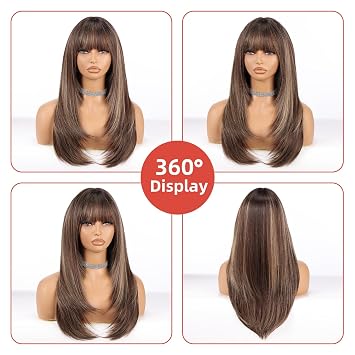 Allbell Highlight Dark Brown Wigs for Women Long Straight layered Wig With Bangs 22 inch Natural Looking Wig Synthetic Heat Resistant Fiber for Daily Party Use
