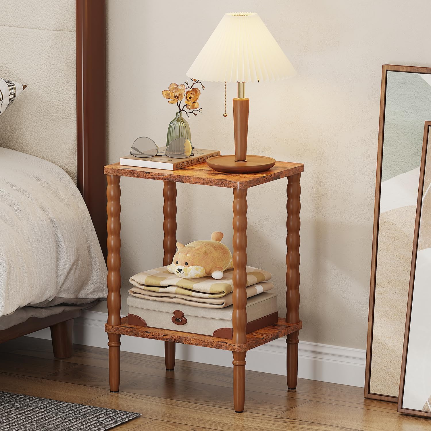 Small Narrow Side Table, Vintage End Table - Skinny Bedside Nightstand for Small Spaces, Couch/Recliner Accent Table for Bedroom Living Room Nursery, No-Tool Assembly (Rustic Brown)