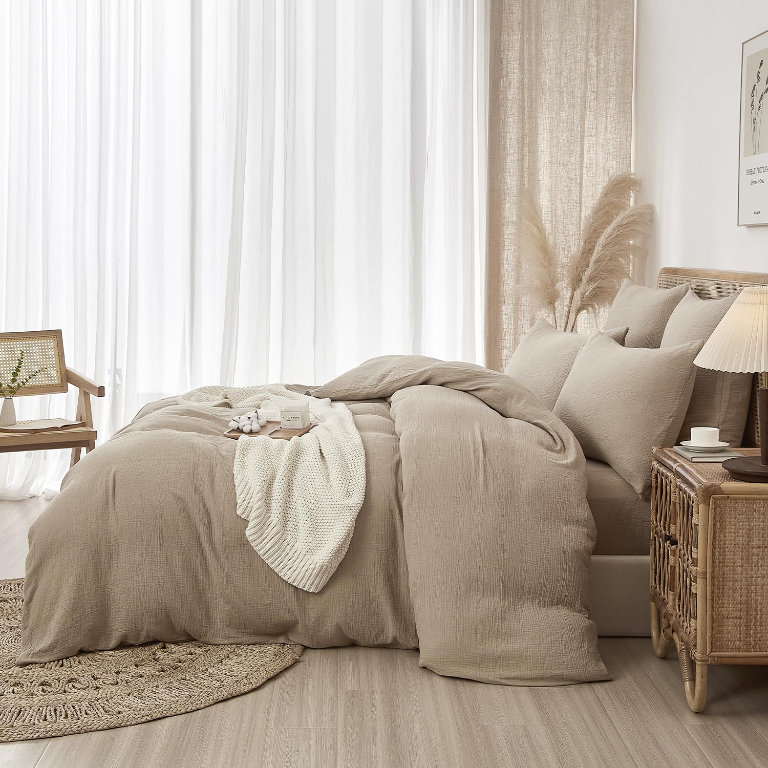 Luofanfei Juego de ropa de cama de muselina de 220 x 240 cm, color marrón topo y caqui, estilo bohemio, refrescante, para verano, suave, no necesita planchado, con cremallera y fundas de almohada de