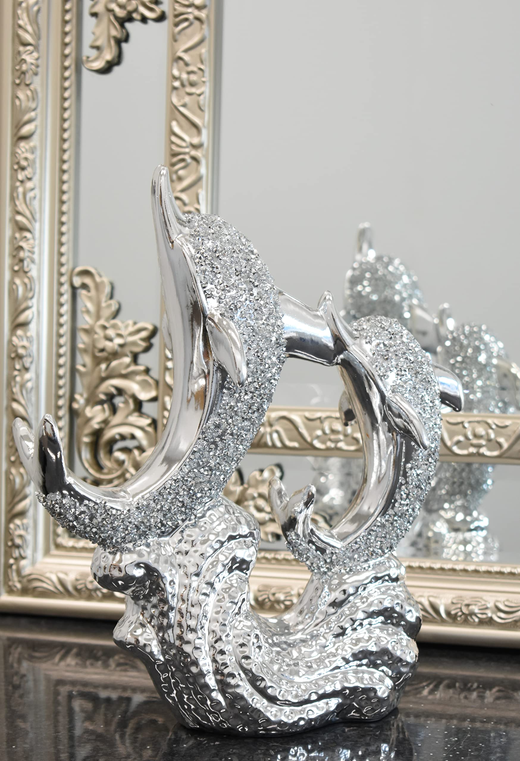 Biznest Silver Dolphin Crushed Diamond Ornament Accessories For Living Room Office Home Badroom Decoration