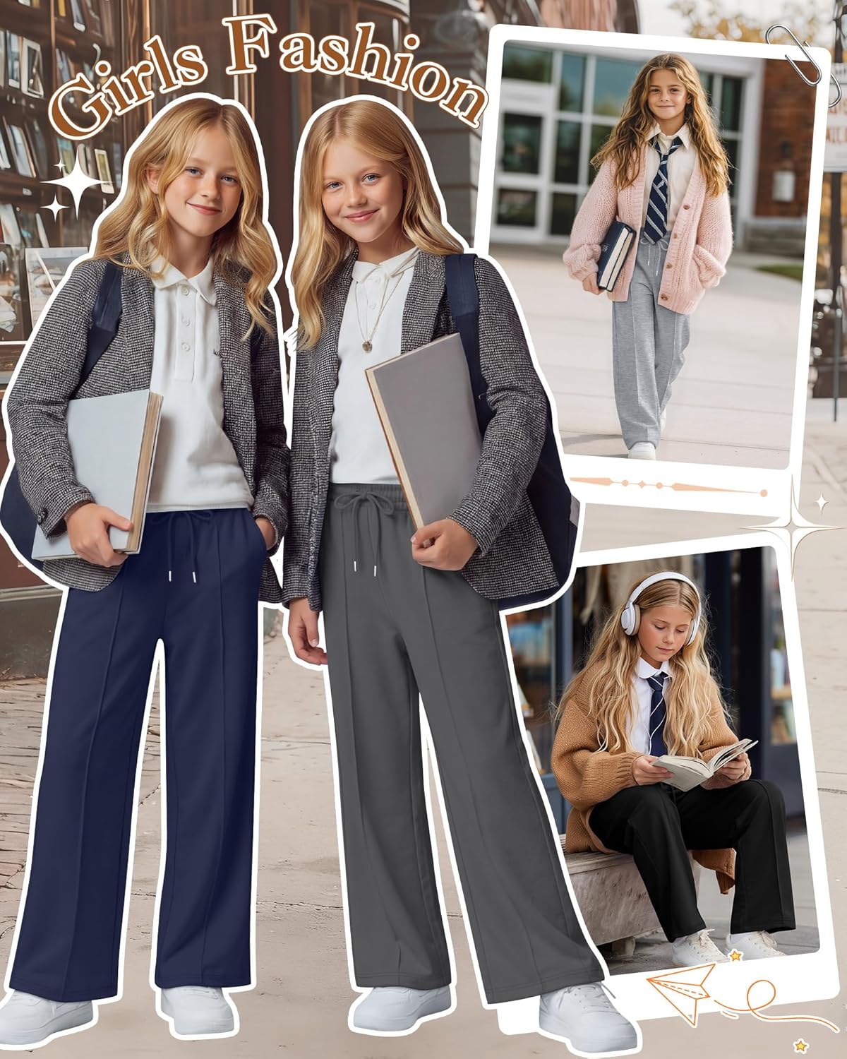 4 Pack Girls Sweatpants Teen Girls Baggy Wide Leg Pants Drawstring Joggers Athletic Trousers with Pockets 5-14Y