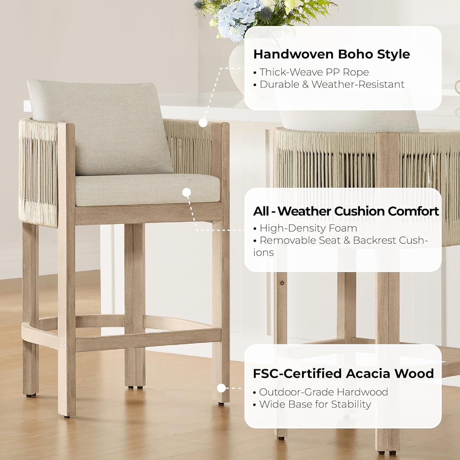 CHITA Cord Braid Counter Height Barstools Set of 2, Modern Outdoor Bar Stool, Fabric Upholstered Woven Rope Counter Stools for Kitchen Island Home Bar, 27" Seat Height, Cream